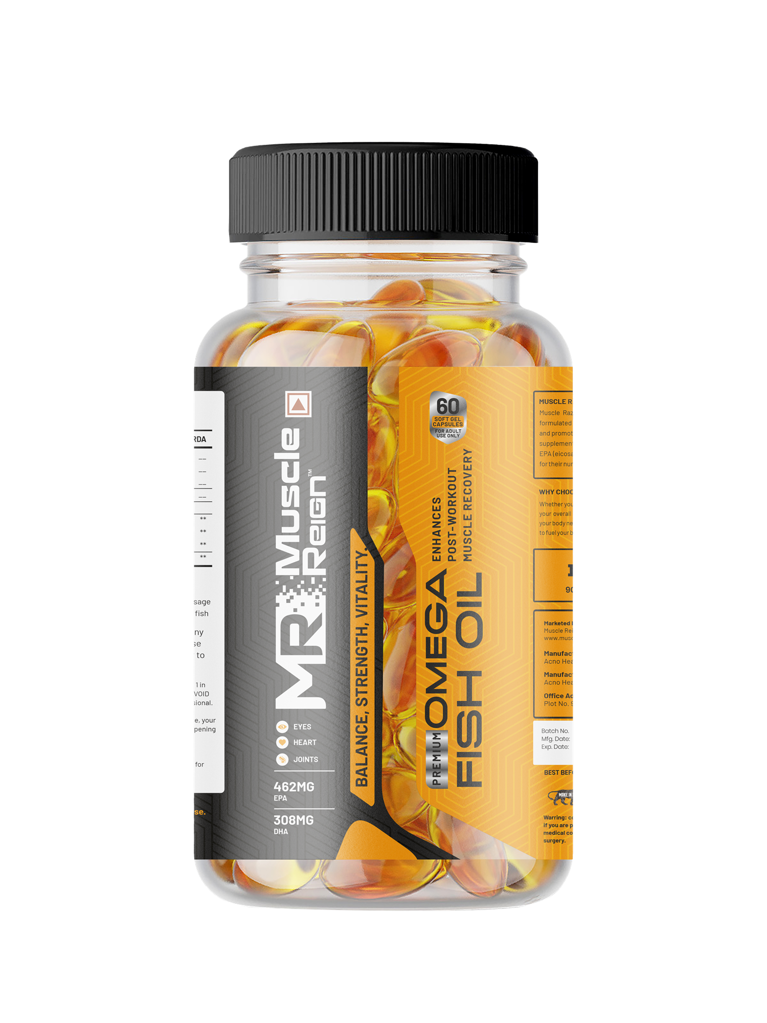 Muscle Reign omega 3 fish oil supplements in a transparent bottle with yellow capsules for health benefits